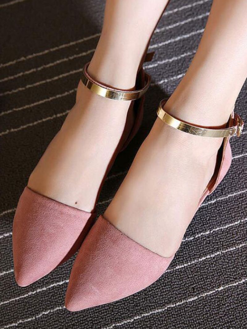 Kvinder Flade Sko Burgundy Spidstå Lukket-ryg Metaldetaljer Ankelstrop Ballerina Flats - Pink