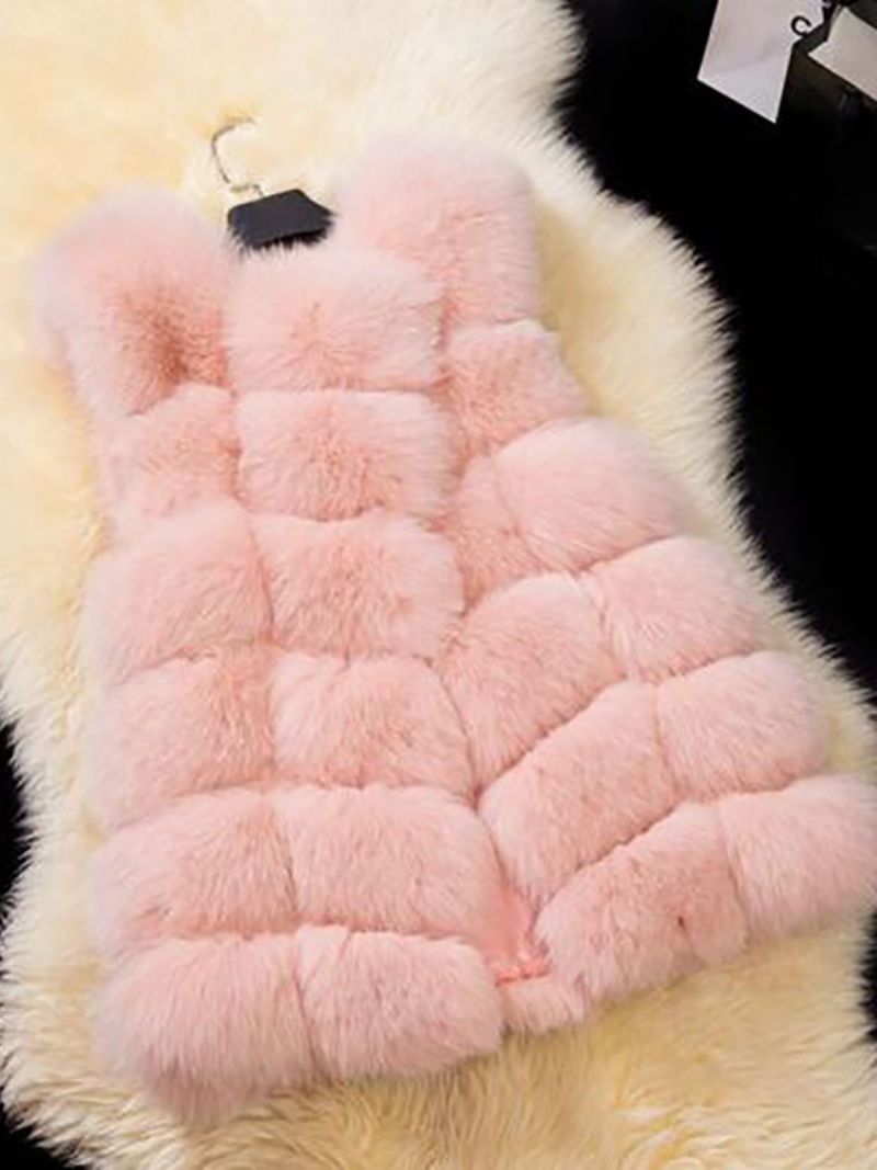 Kvinder Frakker Pink Ærmeløs Faux Fur Coat Lagdelt Vinterfrakke