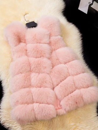 Kvinder Frakker Pink Ærmeløs Faux Fur Coat Lagdelt Vinterfrakke