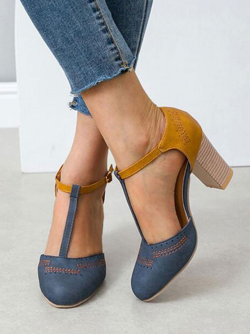 Kvinder Grå T Strap Hæle Rund Toe Chunky Heel Pumps - Teal