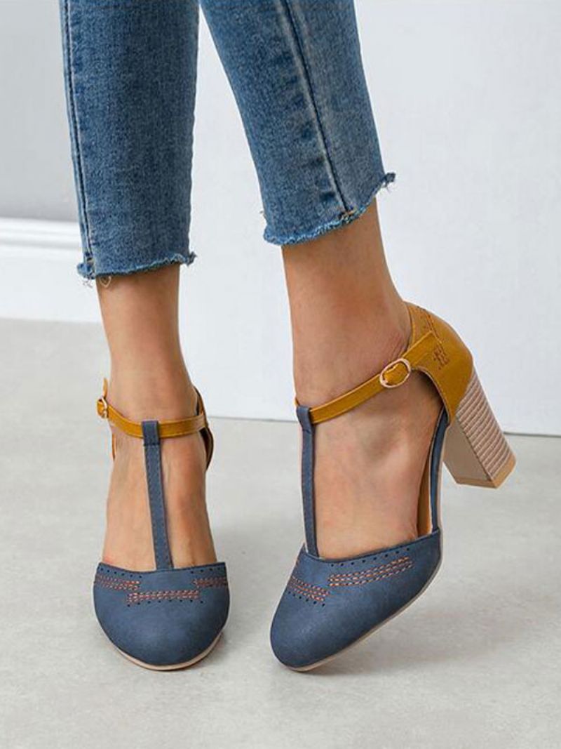 Kvinder Grå T Strap Hæle Rund Toe Chunky Heel Pumps - Teal