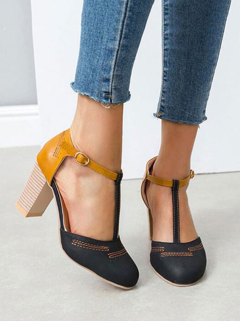 Kvinder Grå T Strap Hæle Rund Toe Chunky Heel Pumps - Sort