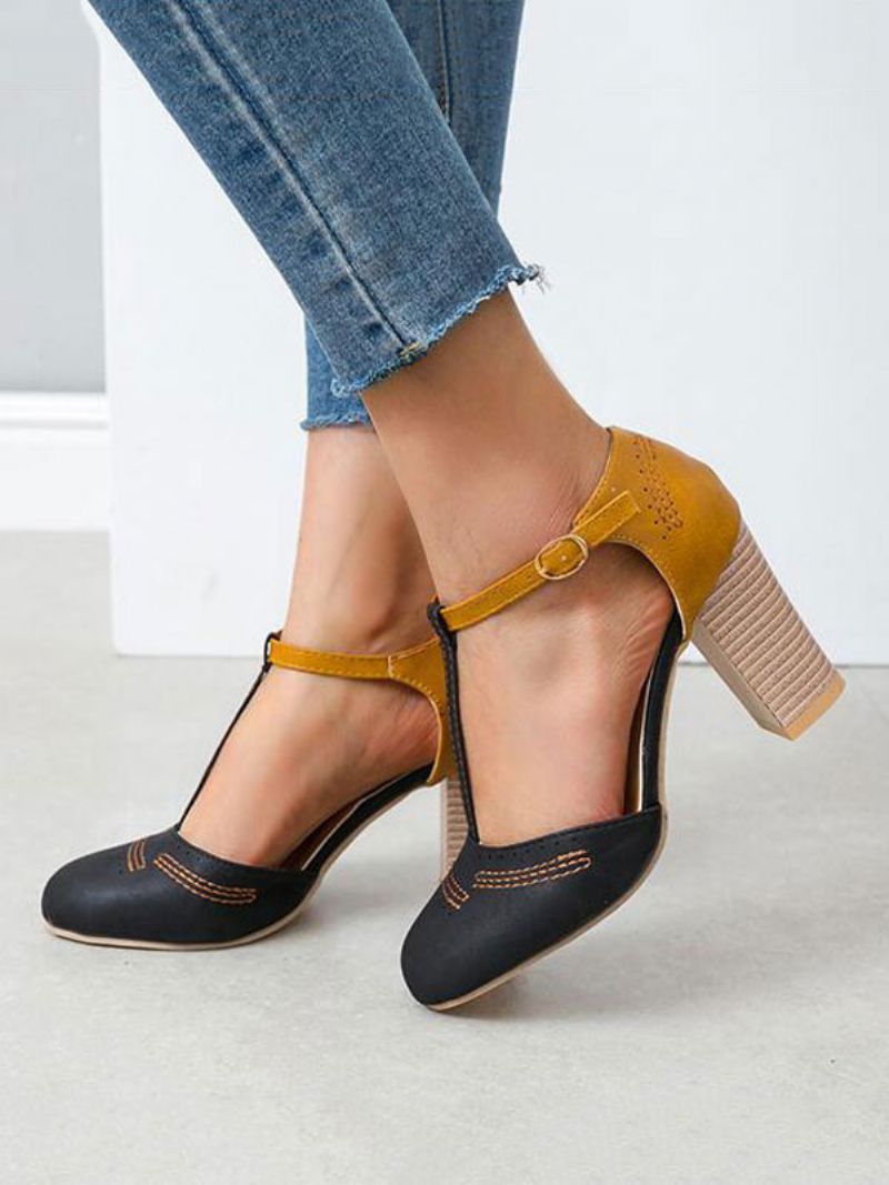 Kvinder Grå T Strap Hæle Rund Toe Chunky Heel Pumps - Sort