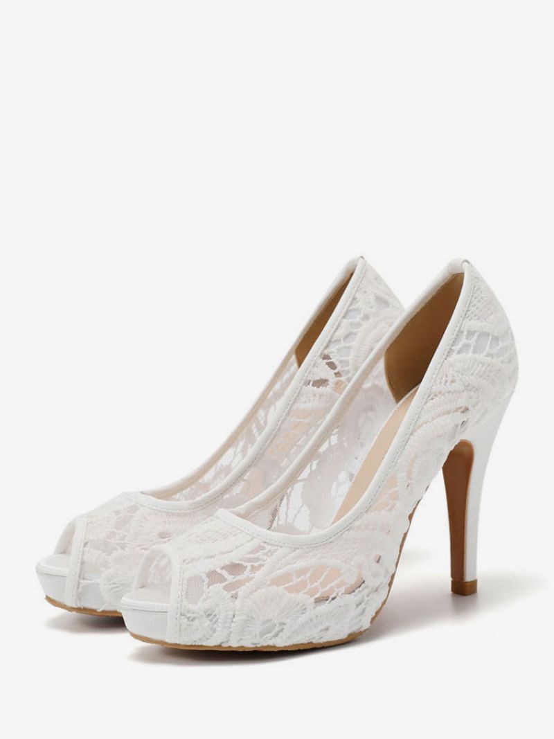 Kvinder Hæle Hvid Pokal Hæl Platforme Blonde Peep Toe Slip On Pumps