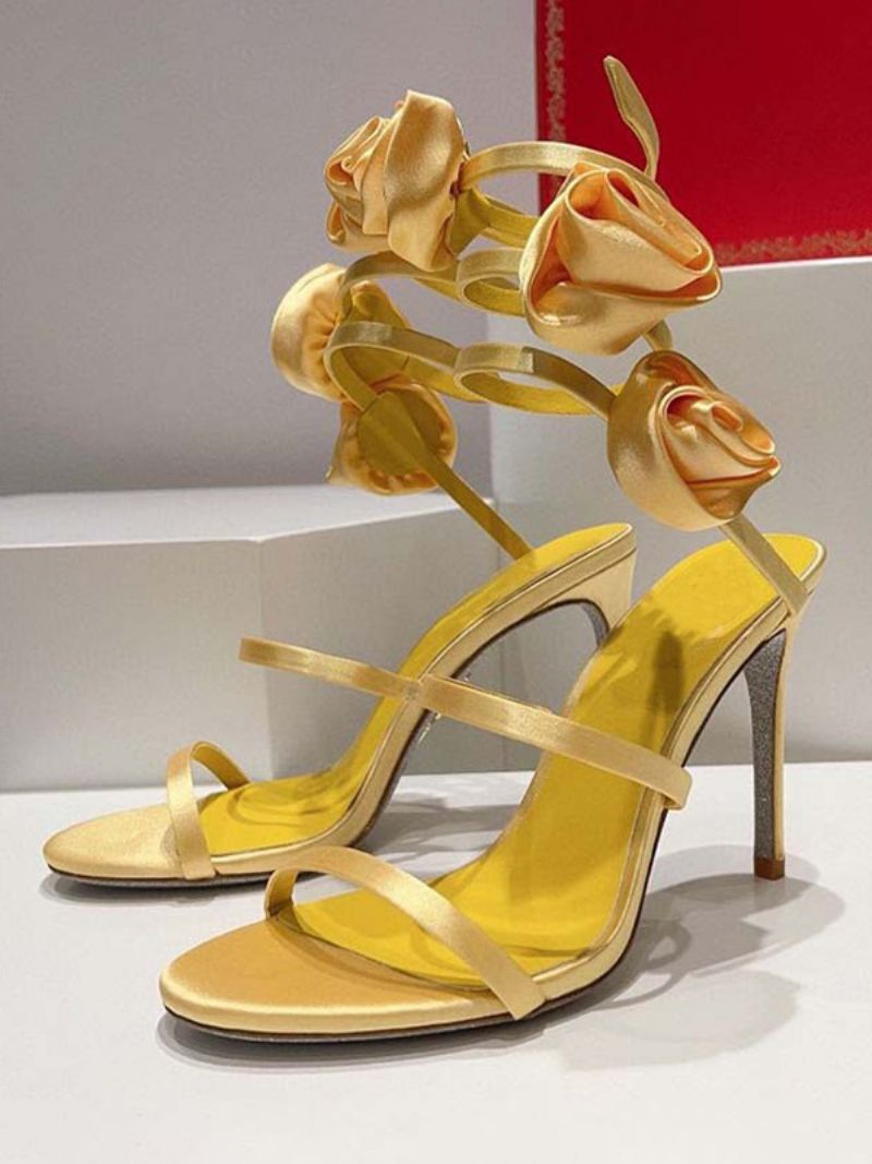 Kvinder Hæle Sandaler Satin Sort Åben Tå Blomster Detalje Strappy Sandal Sko - Gul