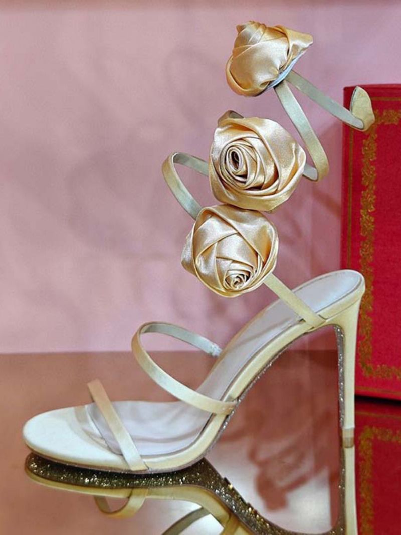 Kvinder Hæle Sandaler Satin Sort Åben Tå Blomster Detalje Strappy Sandal Sko - Champagne