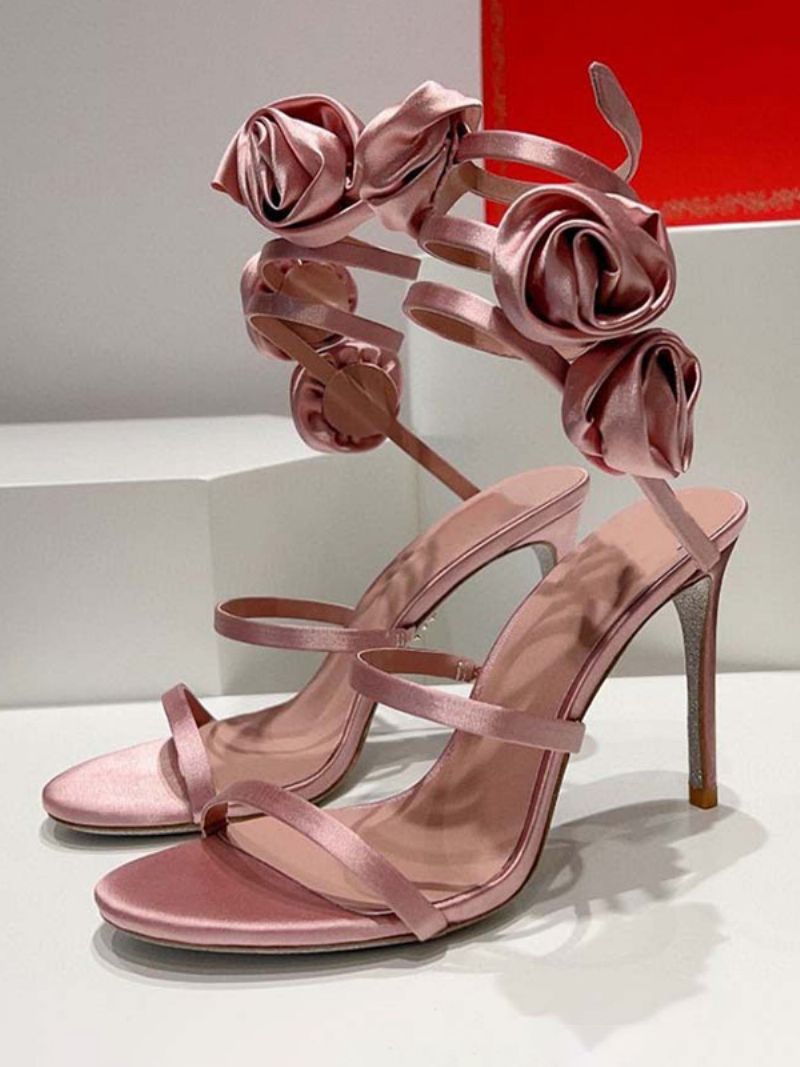 Kvinder Hæle Sandaler Satin Sort Åben Tå Blomster Detalje Strappy Sandal Sko - Pink