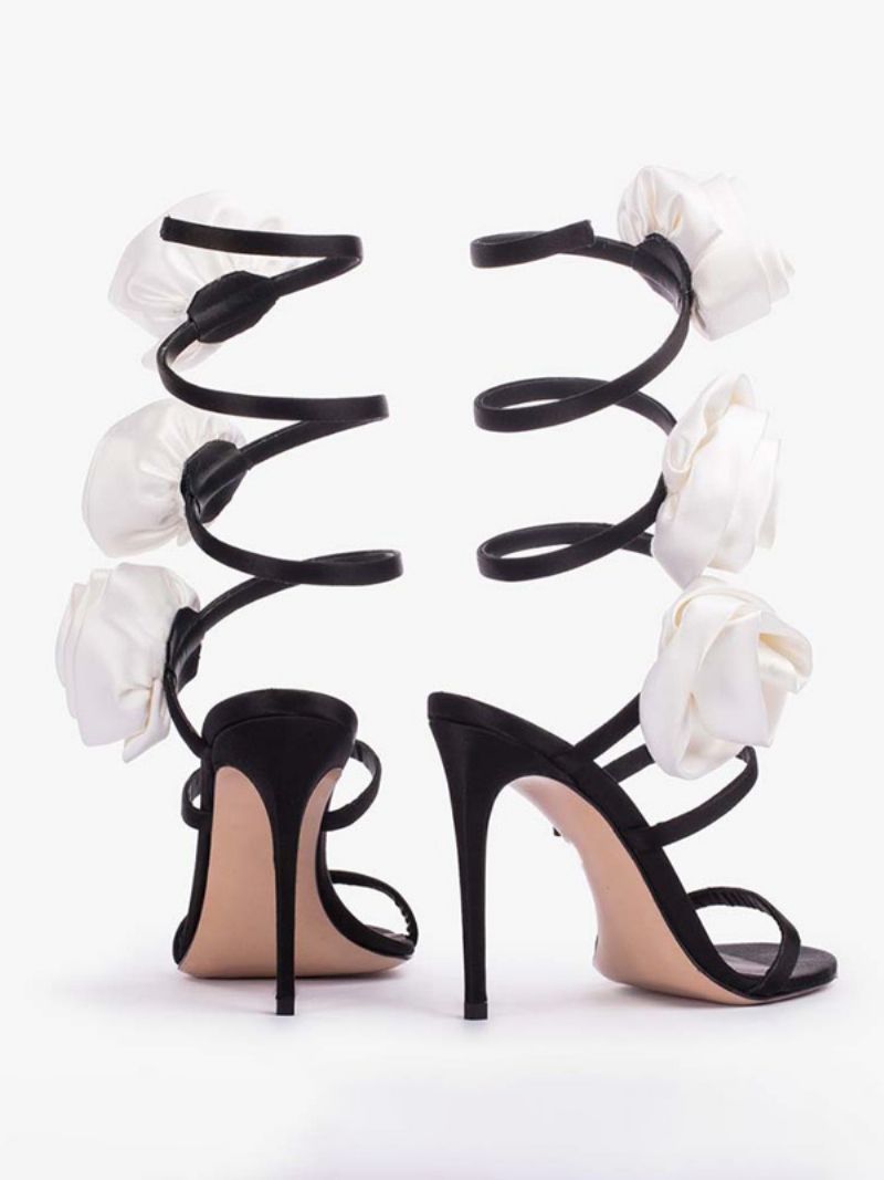 Kvinder Hæle Sandaler Satin Sort Åben Tå Blomster Detalje Strappy Sandal Sko - Sort