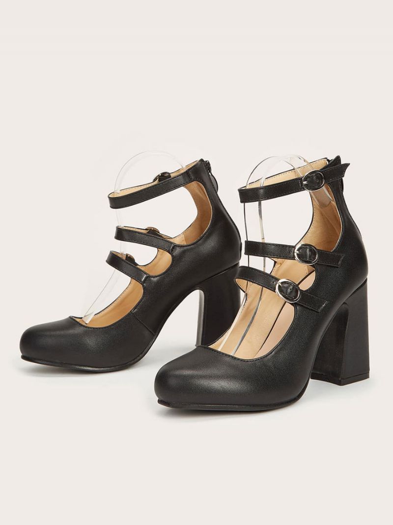 Kvinder Høje Hæle Chunky Heel Pumps Pu Læder Sort Ankelrem Vintage Sko