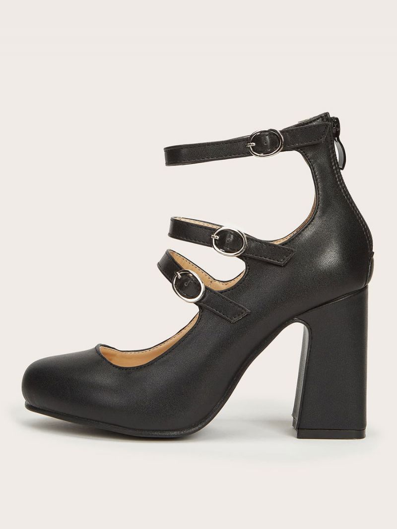 Kvinder Høje Hæle Chunky Heel Pumps Pu Læder Sort Ankelrem Vintage Sko - Sort