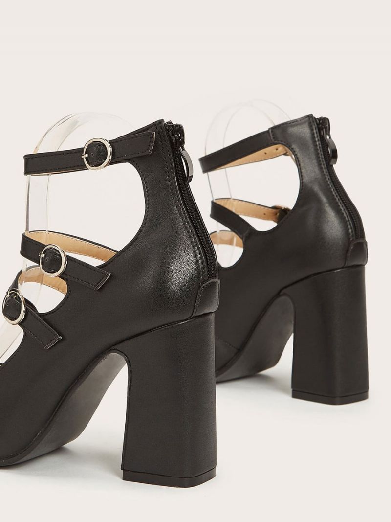 Kvinder Høje Hæle Chunky Heel Pumps Pu Læder Sort Ankelrem Vintage Sko - Sort