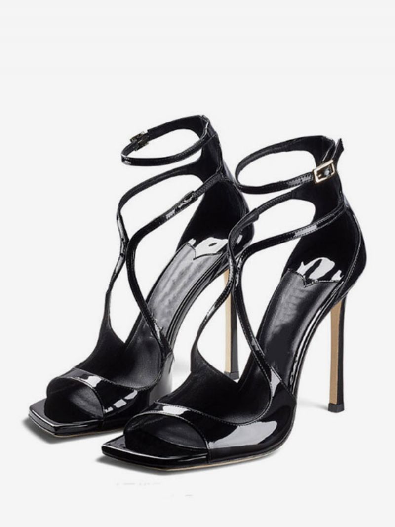 Kvinder Højhælede Sandaler Sort Patent Pu Øvre Peep Toe Strappy Gallasko Little Heel Festsko