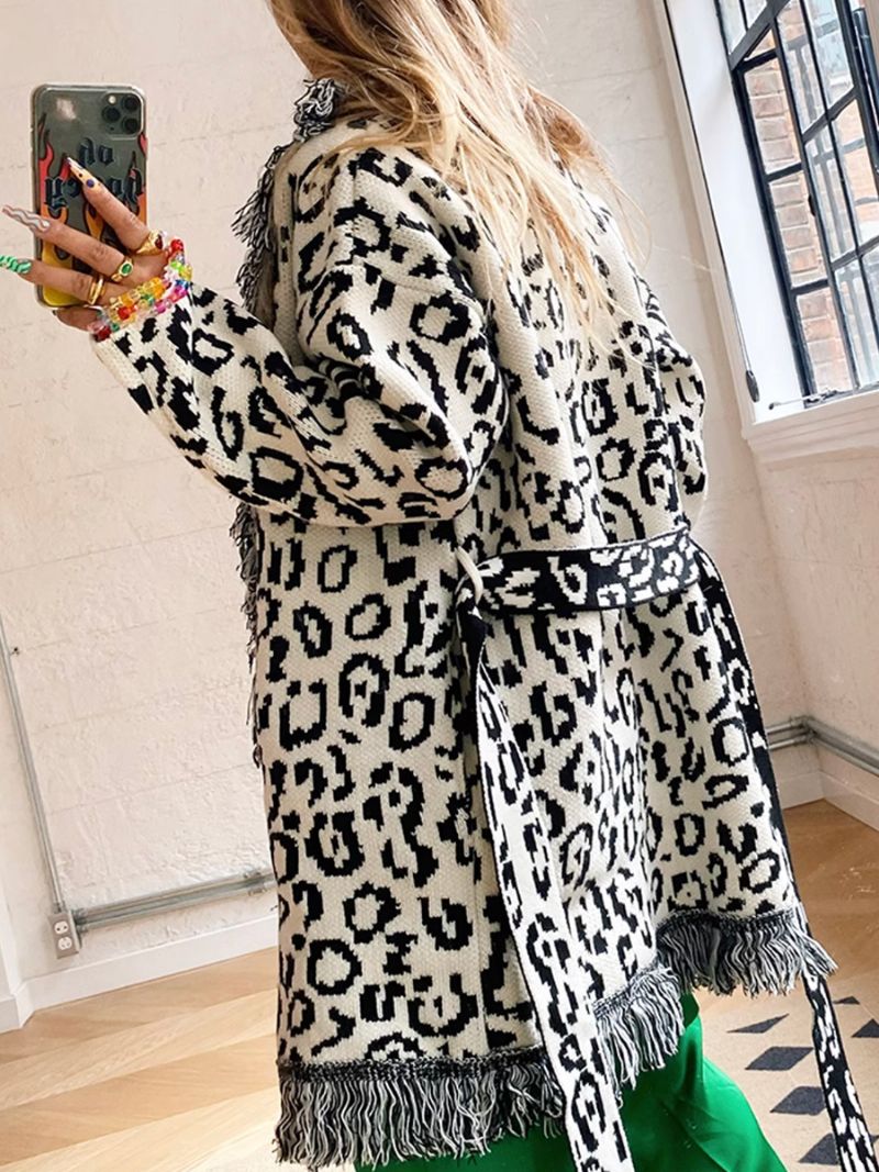 Kvinder Jacquard Cardigans Leopard Kvast Trim Bælte Uld Blend Boho Sweater - Hvid