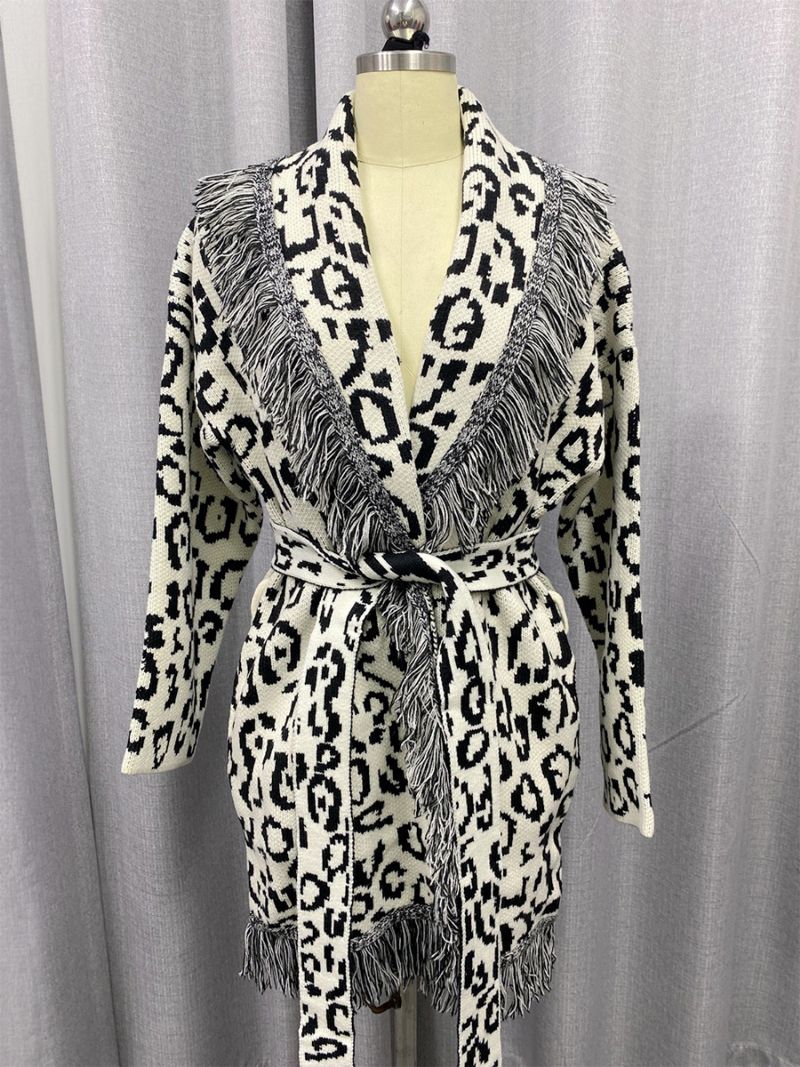 Kvinder Jacquard Cardigans Leopard Kvast Trim Bælte Uld Blend Boho Sweater - Hvid