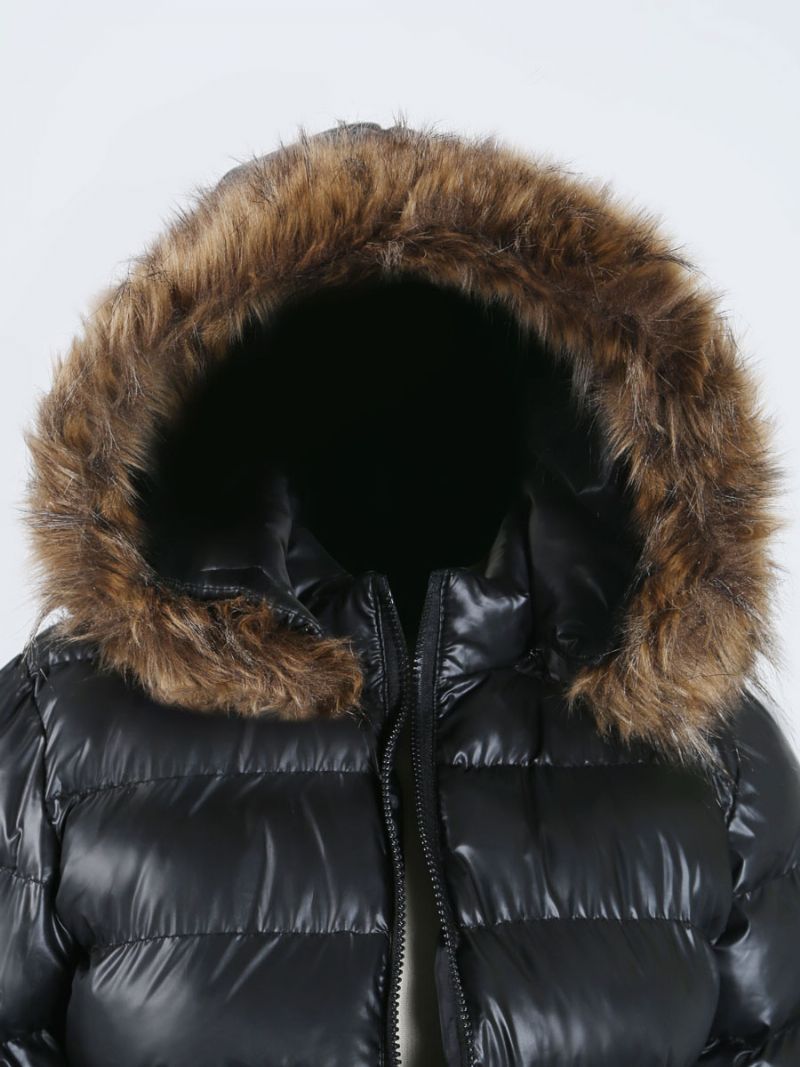 Kvinder Jakke Sort Puffer Coat Faux Fur Hætte Vinter Ydertøj - Sort