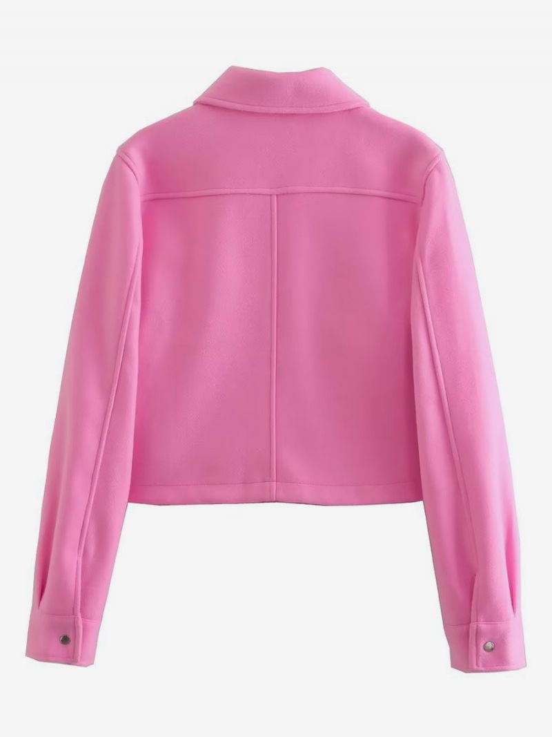 Kvinder Jakker Turndown Krave Knapper Lange Ærmer Crop Jakke - Pink