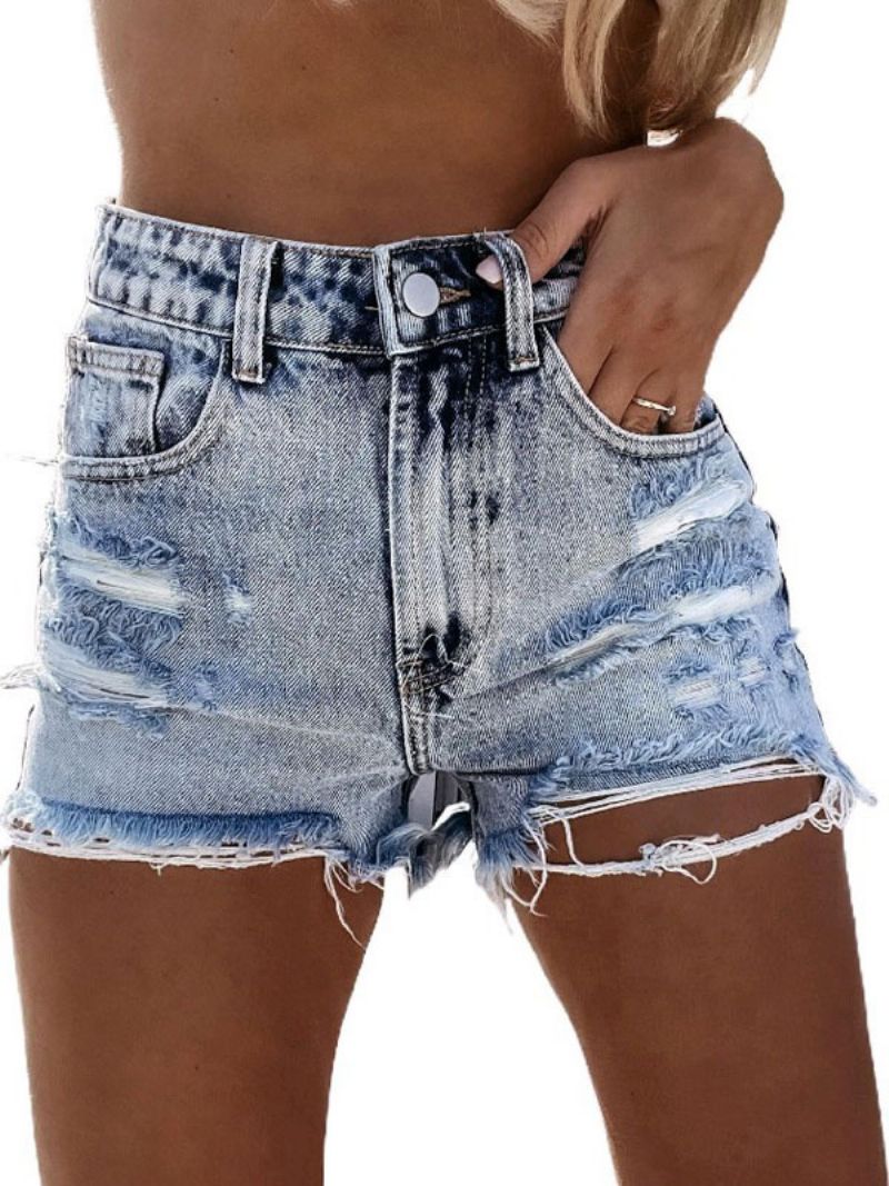 Kvinder Jeans Lyseblå Lynlås Flueknapper Lige Casual Cowboy Denim Shorts