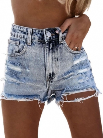 Kvinder Jeans Lyseblå Lynlås Flueknapper Lige Casual Cowboy Denim Shorts