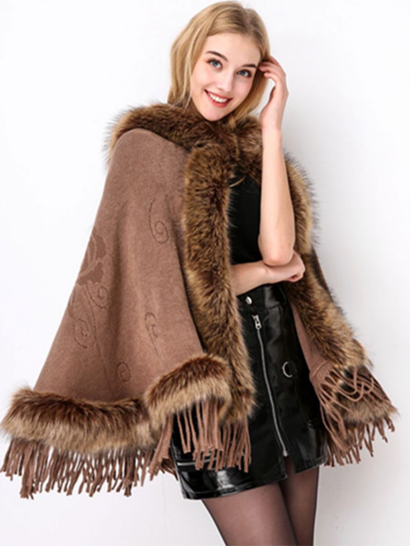 Kvinder Jul Poncho Hooded Fringe Cape Vinter Ydertøj - Khaki