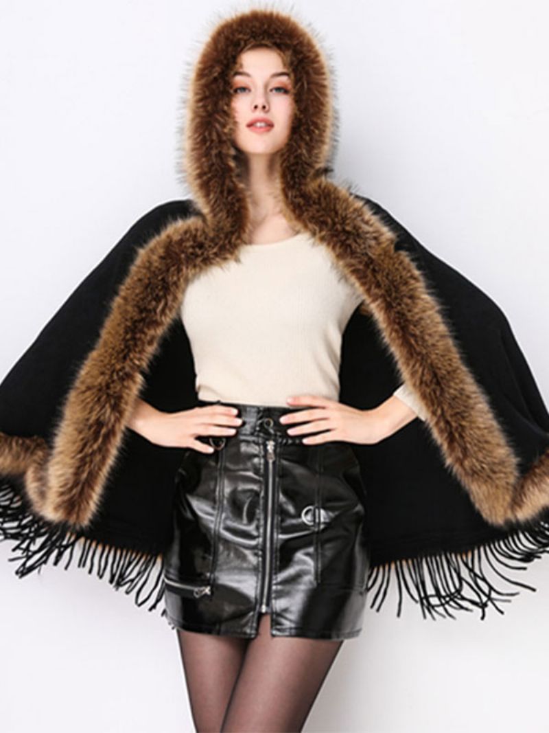 Kvinder Jul Poncho Hooded Fringe Cape Vinter Ydertøj - Sort