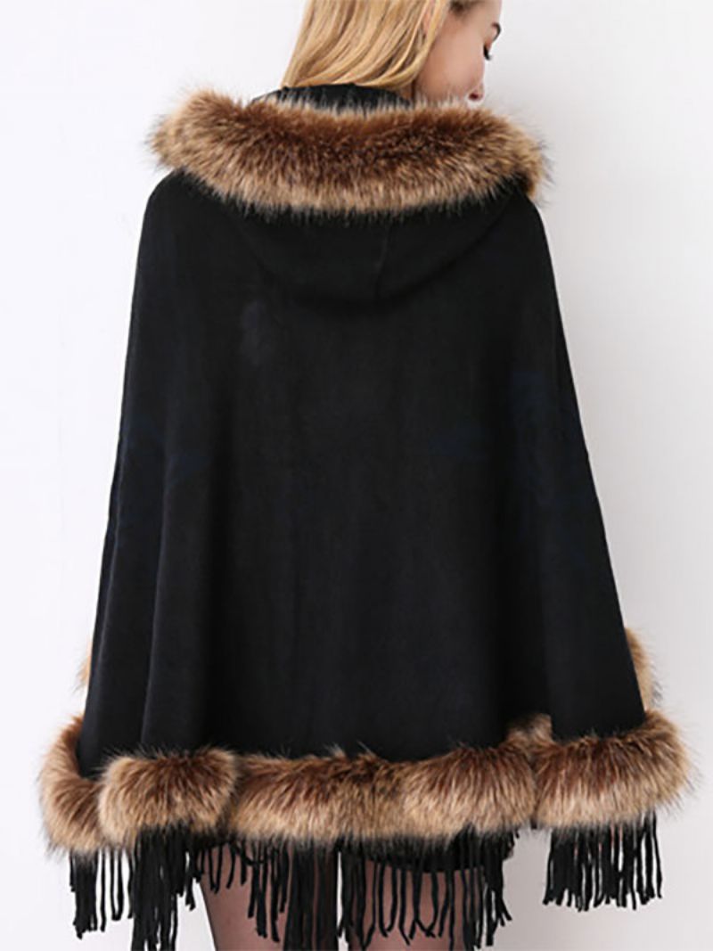 Kvinder Jul Poncho Hooded Fringe Cape Vinter Ydertøj - Sort