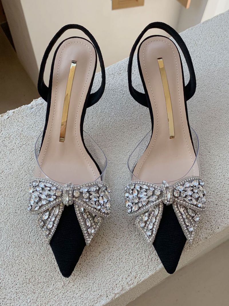 Kvinder Kitten Heel Pumps Sort Spidstå Rhinestones Bow Slingback Festsko