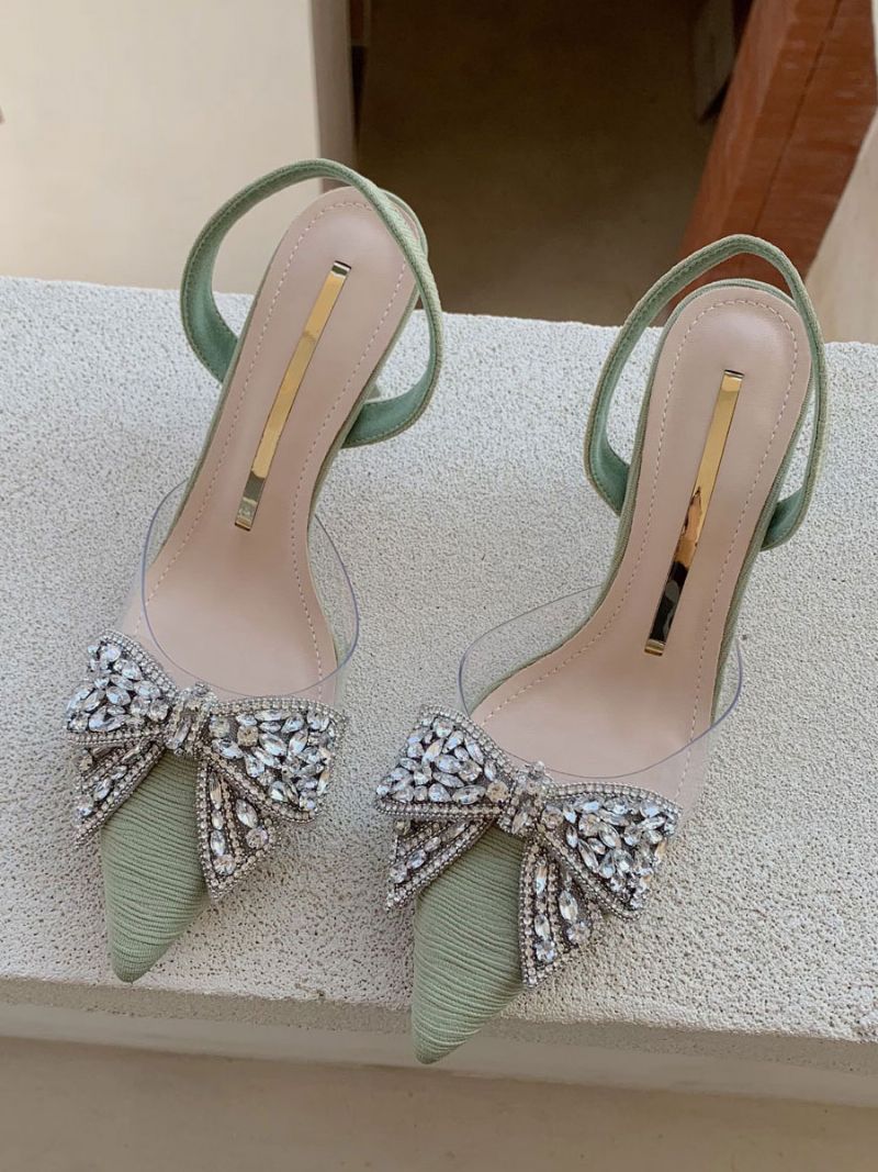 Kvinder Kitten Heel Pumps Sort Spidstå Rhinestones Bow Slingback Festsko - Lysegrøn