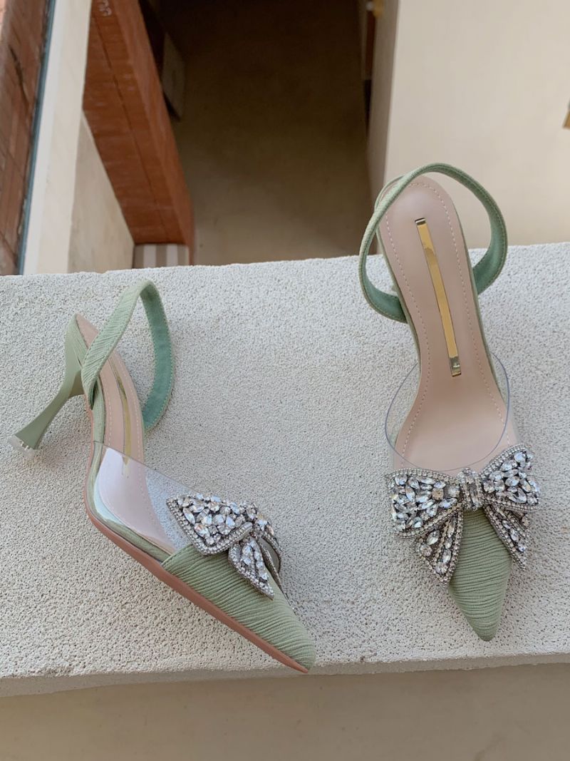 Kvinder Kitten Heel Pumps Sort Spidstå Rhinestones Bow Slingback Festsko - Lysegrøn