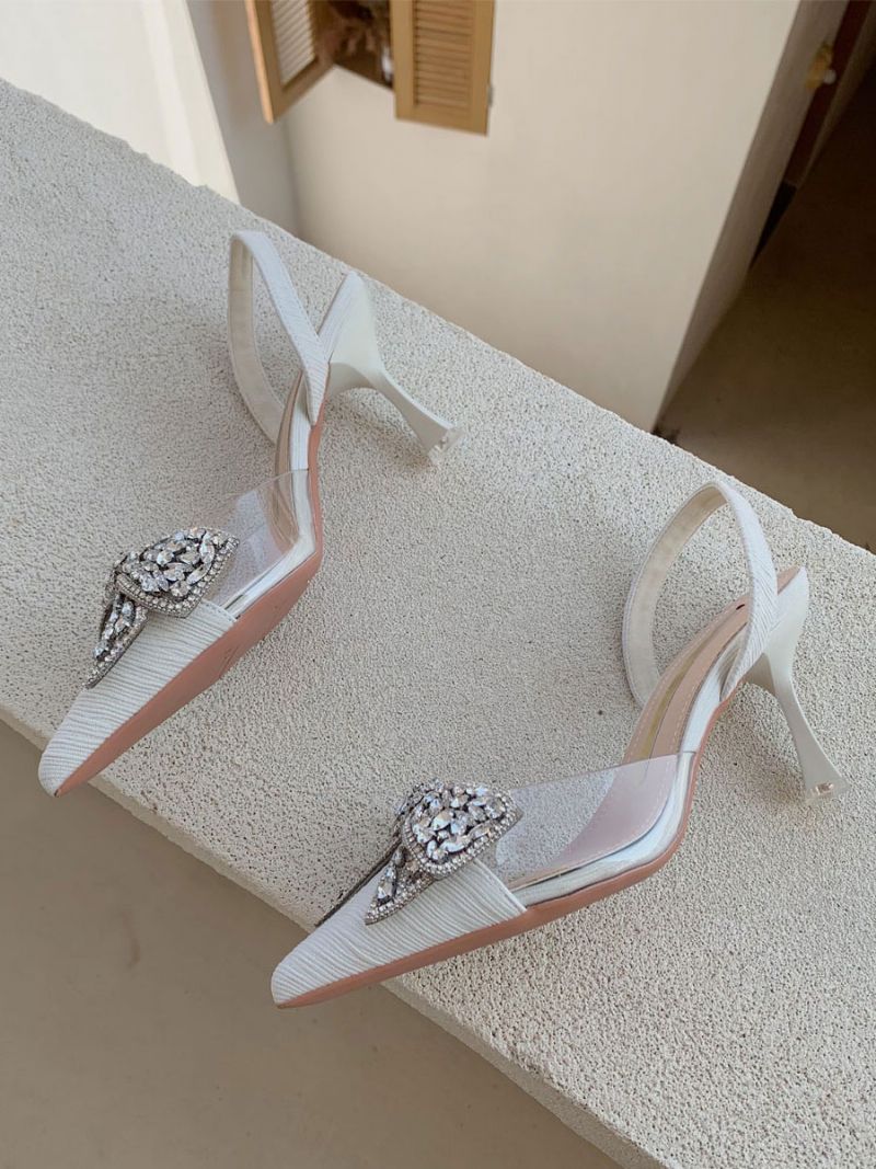 Kvinder Kitten Heel Pumps Sort Spidstå Rhinestones Bow Slingback Festsko - Beige