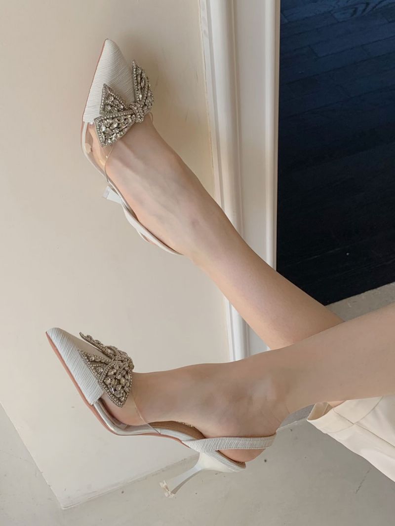 Kvinder Kitten Heel Pumps Sort Spidstå Rhinestones Bow Slingback Festsko - Beige