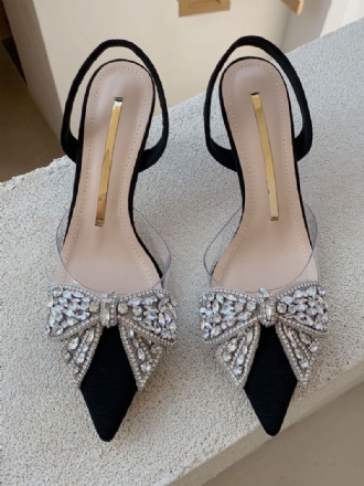 Kvinder Kitten Heel Pumps Sort Spidstå Rhinestones Bow Slingback Festsko