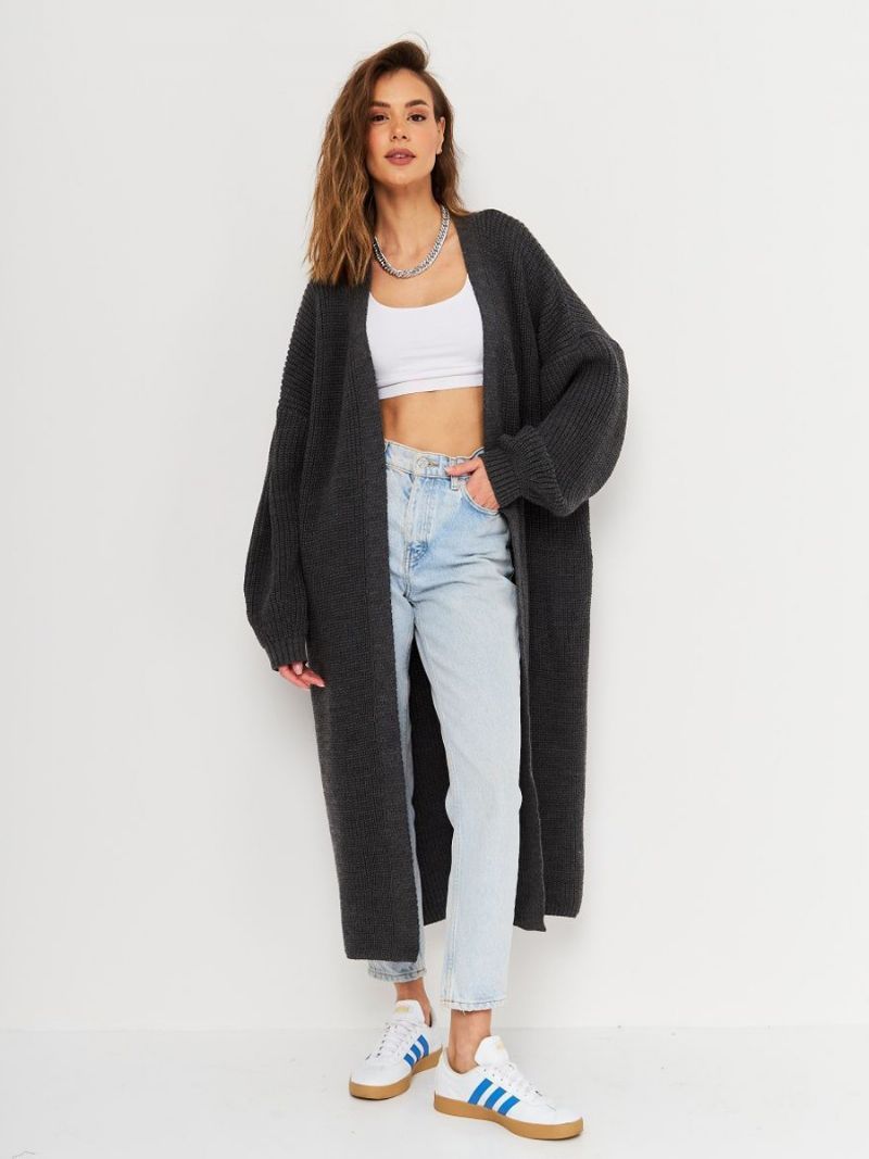 Kvinder Longline Cardigan Åben Front Drop Skulder Casual Elegante Sweatere - Dyb Grå