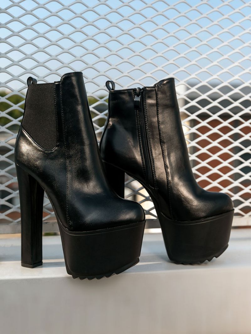 Kvinder Martin Støvler Almond Toe Chunky Heel Platform Sorte Ankelstøvler - Sort