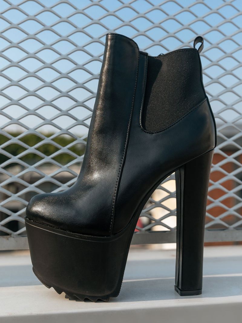 Kvinder Martin Støvler Almond Toe Chunky Heel Platform Sorte Ankelstøvler - Sort