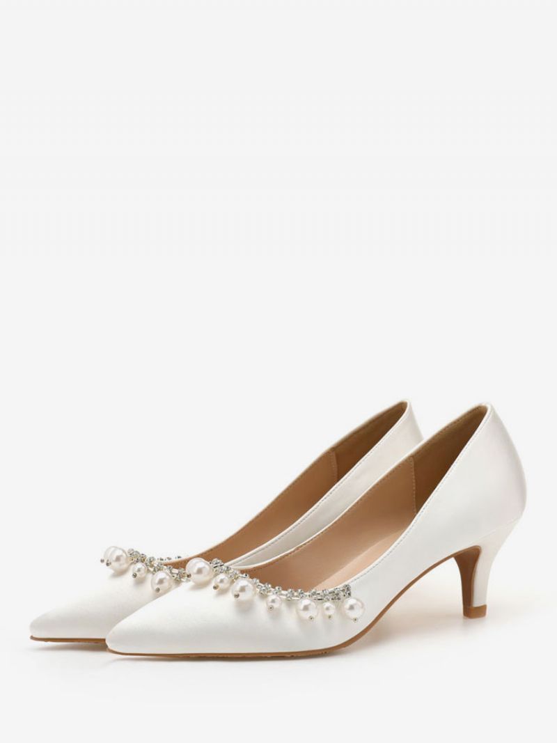 Kvinder Mellem-lave Hæle Elegant Spidstå Killingehæl Slip-on Pretty Pearls White Wedding Pumps Og