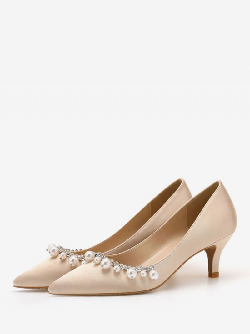 Kvinder Mellem-lave Hæle Elegant Spidstå Killingehæl Slip-on Pretty Pearls White Wedding Pumps Og - Lysegul