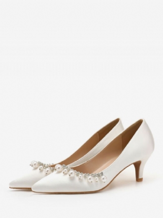 Kvinder Mellem-lave Hæle Elegant Spidstå Killingehæl Slip-on Pretty Pearls White Wedding Pumps Og