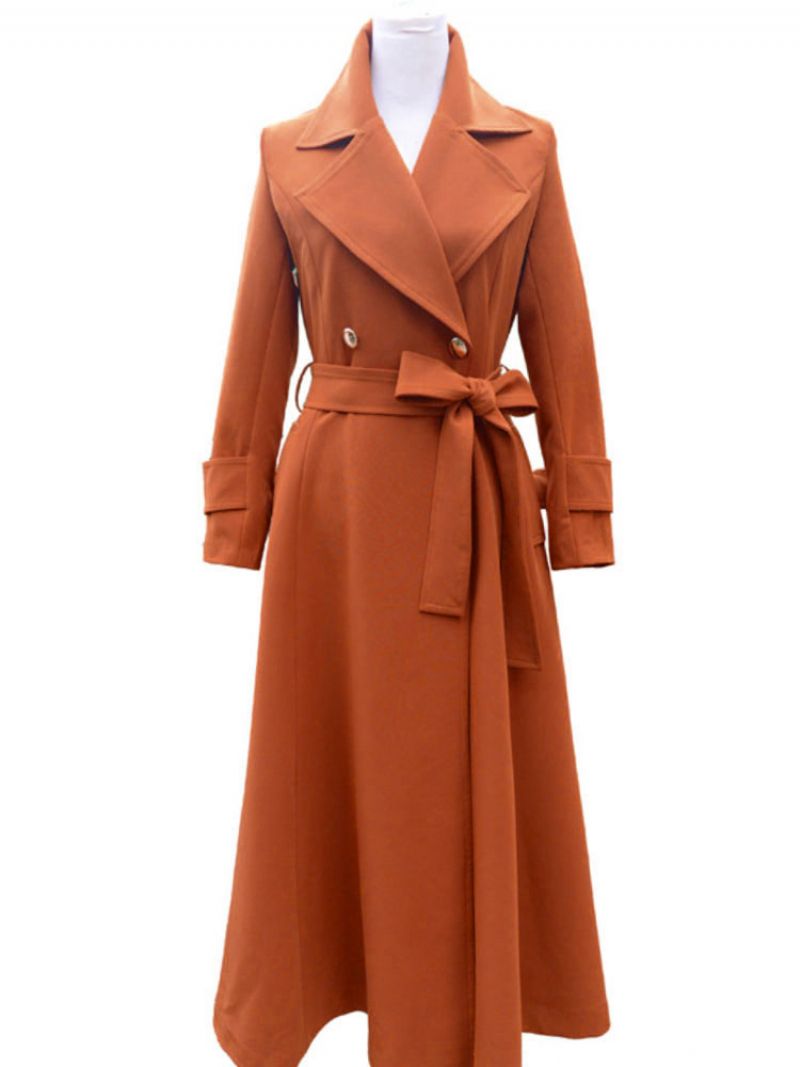 Kvinder Overtøj Orange Rød V-hals Lange Ærmer Sash Stretch Casual Maxi Coat - Orange Rød