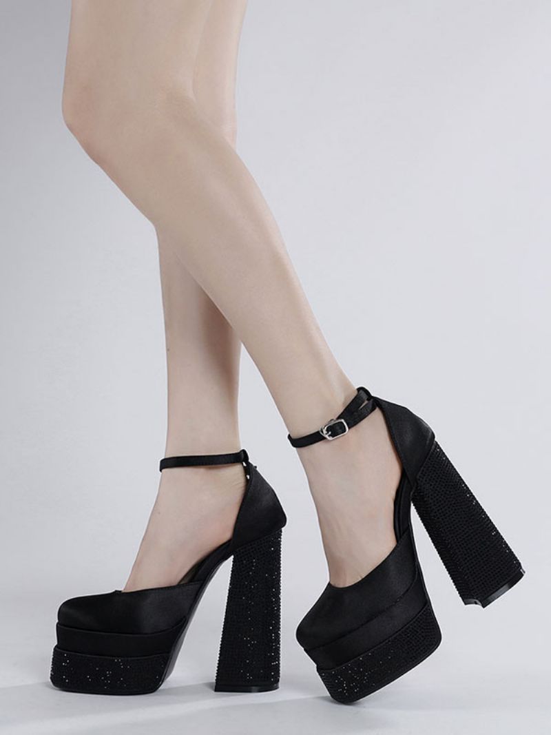 Kvinder Platform Pumps Satin Square Toe Block Hæl Ankel Strap Party Sko