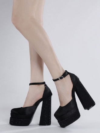 Kvinder Platform Pumps Satin Square Toe Block Hæl Ankel Strap Party Sko