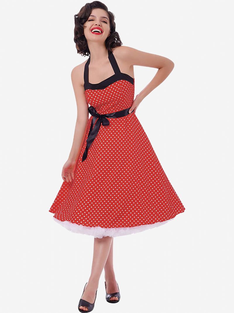 Kvinder Polka Dot Vintage Kjoler Halter Sløjfer Rygløs Bomuld Retro Pin Up Kjole