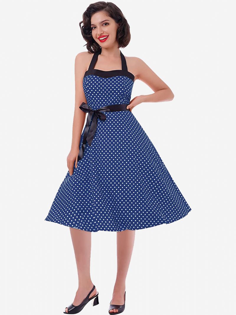 Kvinder Polka Dot Vintage Kjoler Halter Sløjfer Rygløs Bomuld Retro Pin Up Kjole - Mørk Navy