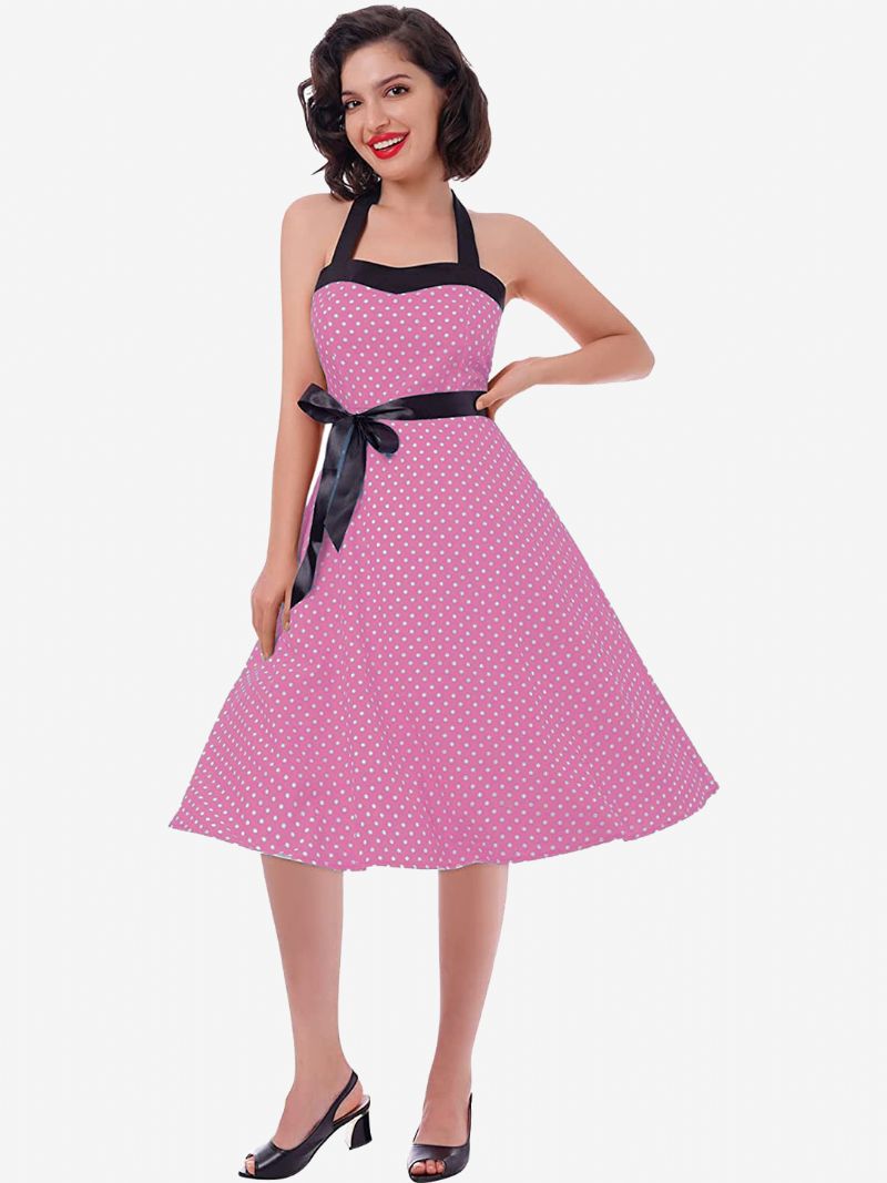 Kvinder Polka Dot Vintage Kjoler Halter Sløjfer Rygløs Bomuld Retro Pin Up Kjole - Pink