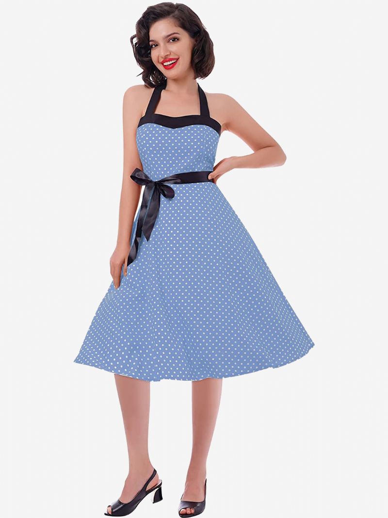 Kvinder Polka Dot Vintage Kjoler Halter Sløjfer Rygløs Bomuld Retro Pin Up Kjole - Lys Himmelblå