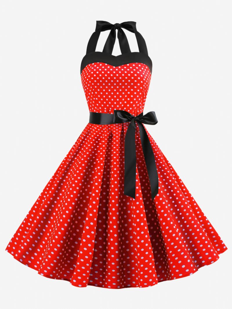 Kvinder Polka Dot Vintage Kjoler Halter Sløjfer Rygløs Bomuld Retro Pin Up Kjole - Burgunder