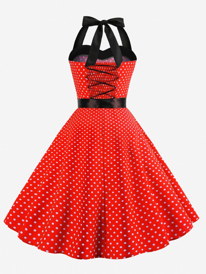 Kvinder Polka Dot Vintage Kjoler Halter Sløjfer Rygløs Bomuld Retro Pin Up Kjole - Burgunder