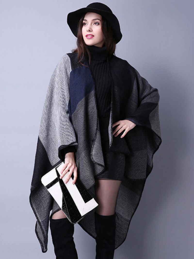 Kvinder Poncho Color Block Sort Uregelmæssig Varmebevarende Oversized Piping Cape