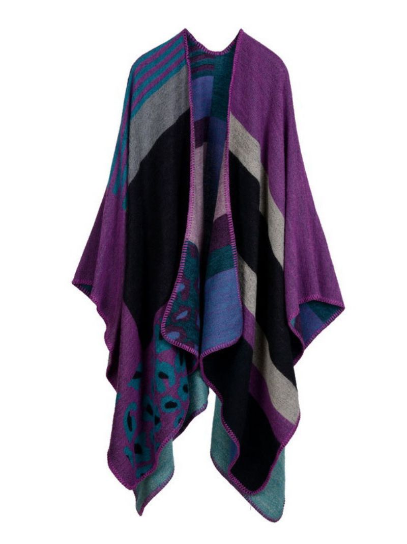 Kvinder Poncho Color Block Sort Uregelmæssig Varmebevarende Oversized Piping Cape - Fuchsia