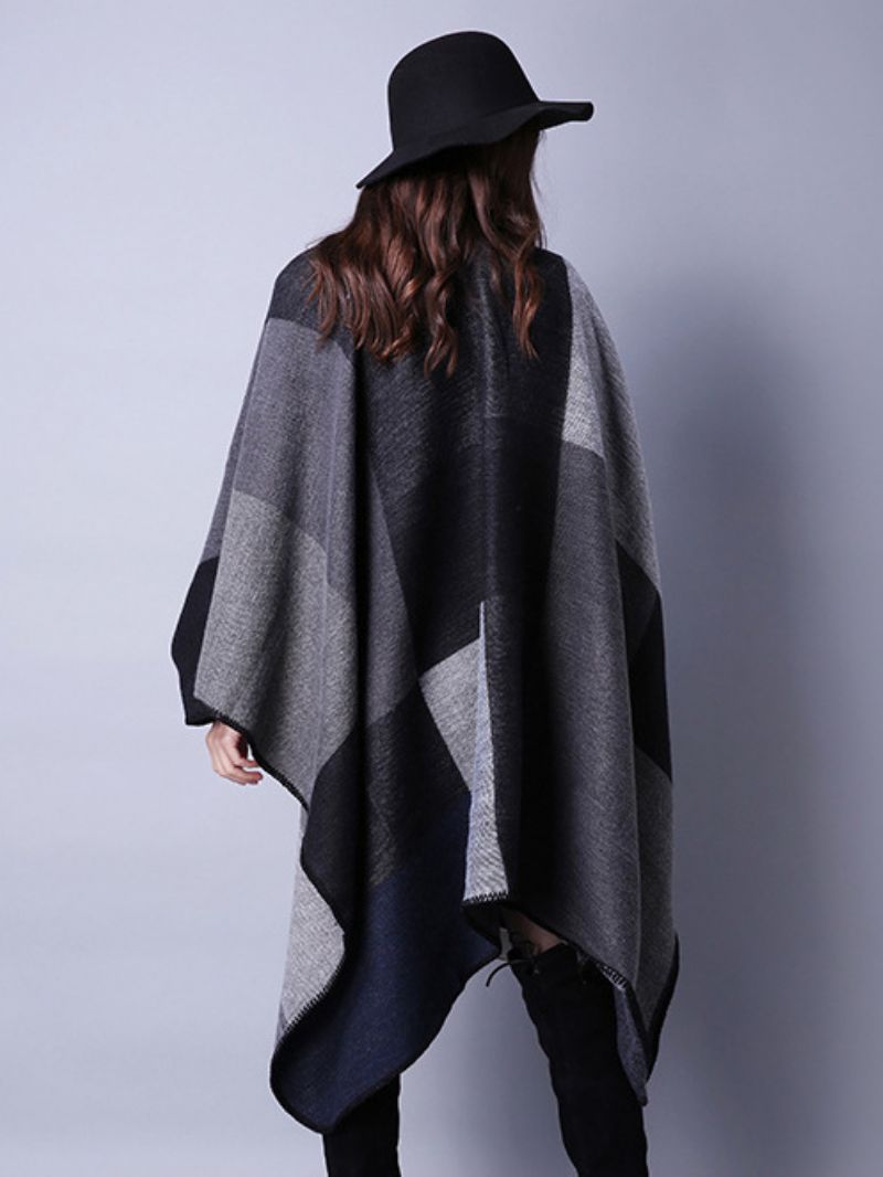 Kvinder Poncho Color Block Sort Uregelmæssig Varmebevarende Oversized Piping Cape - Sort