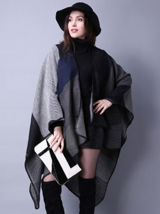 Kvinder Poncho Color Block Sort Uregelmæssig Varmebevarende Oversized Piping Cape